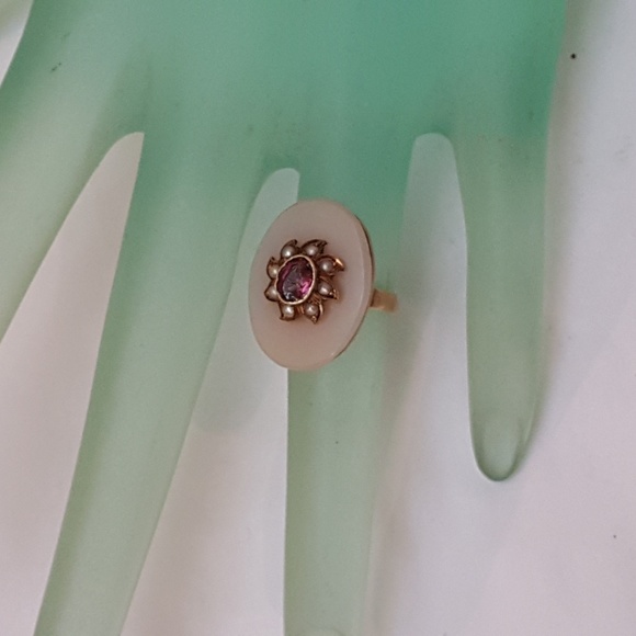 Antique Carnelian Amethyst Pearl 14k YGRing,18c